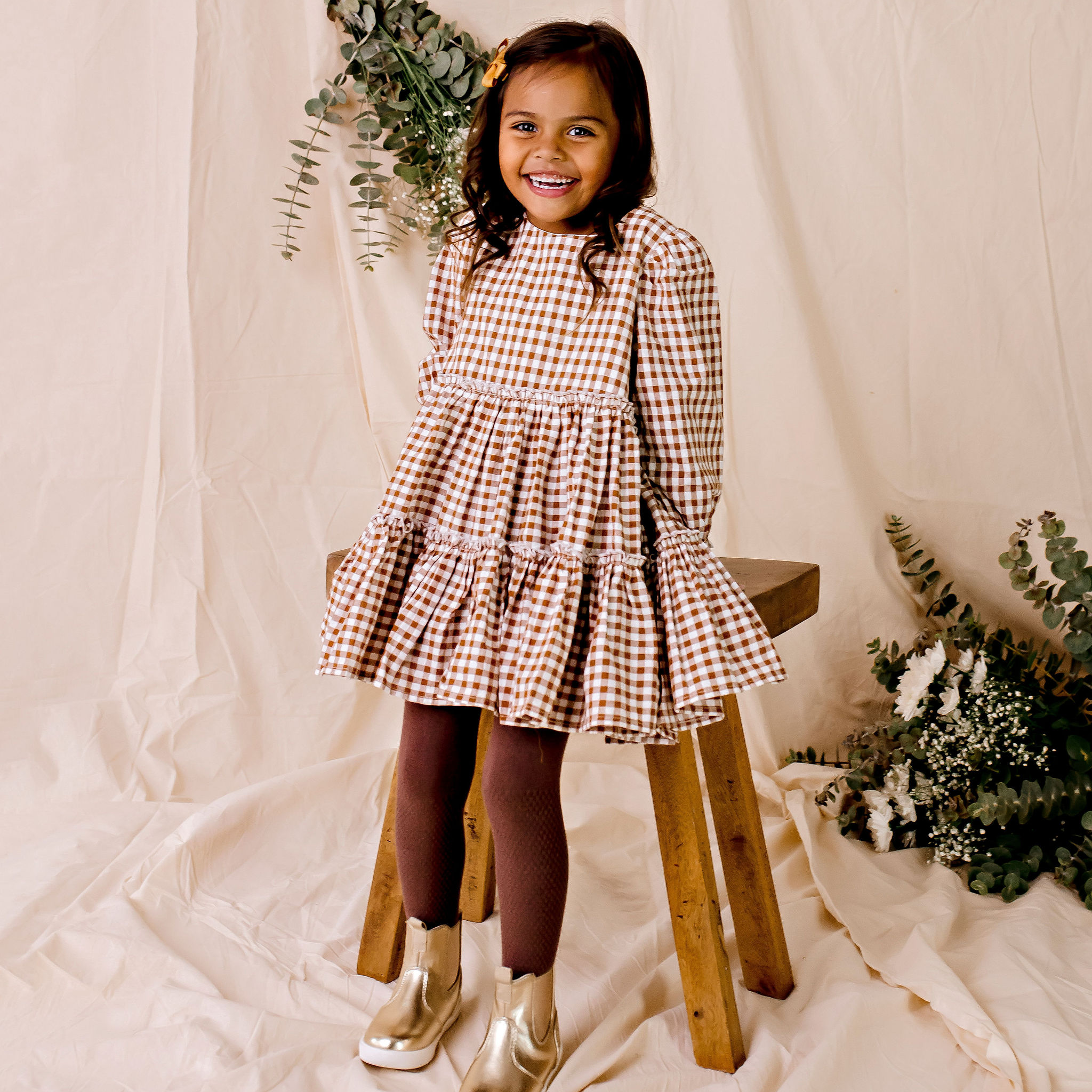 Gigi Gingham L/S Tiered Dress - Cocoa Gingham