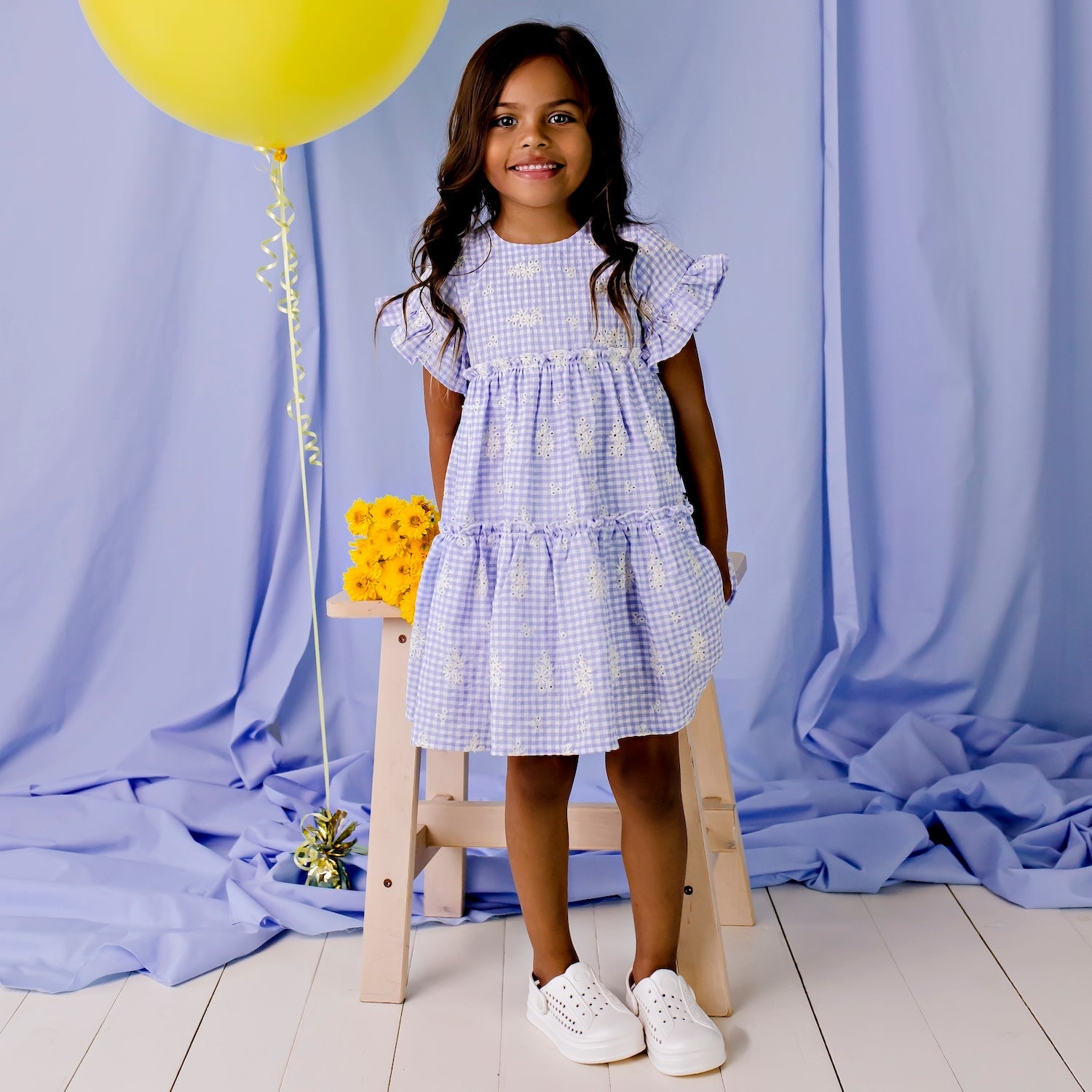 Alice Embroidered Gingham Dress - Blue - Designer Kidz