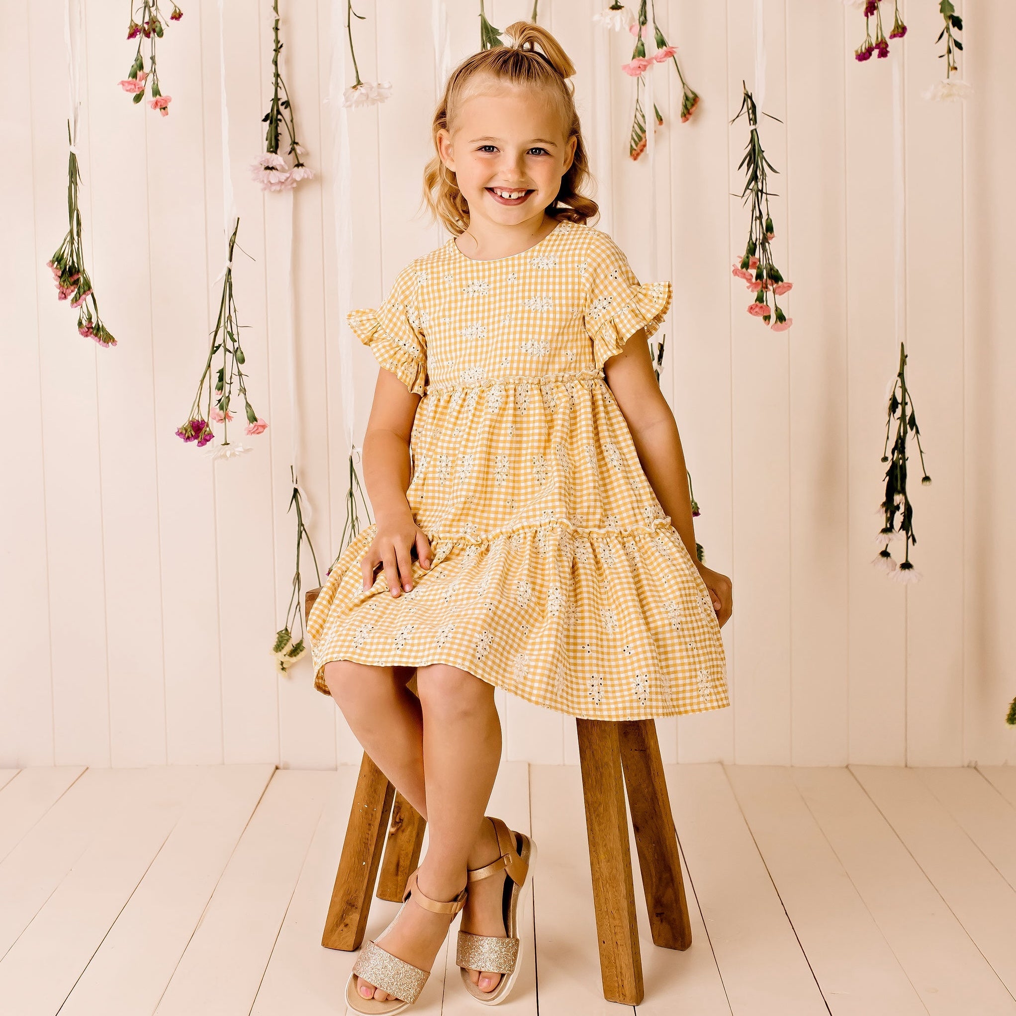 Alice Embroidered Gingham Dress - Yellow - Designer Kidz