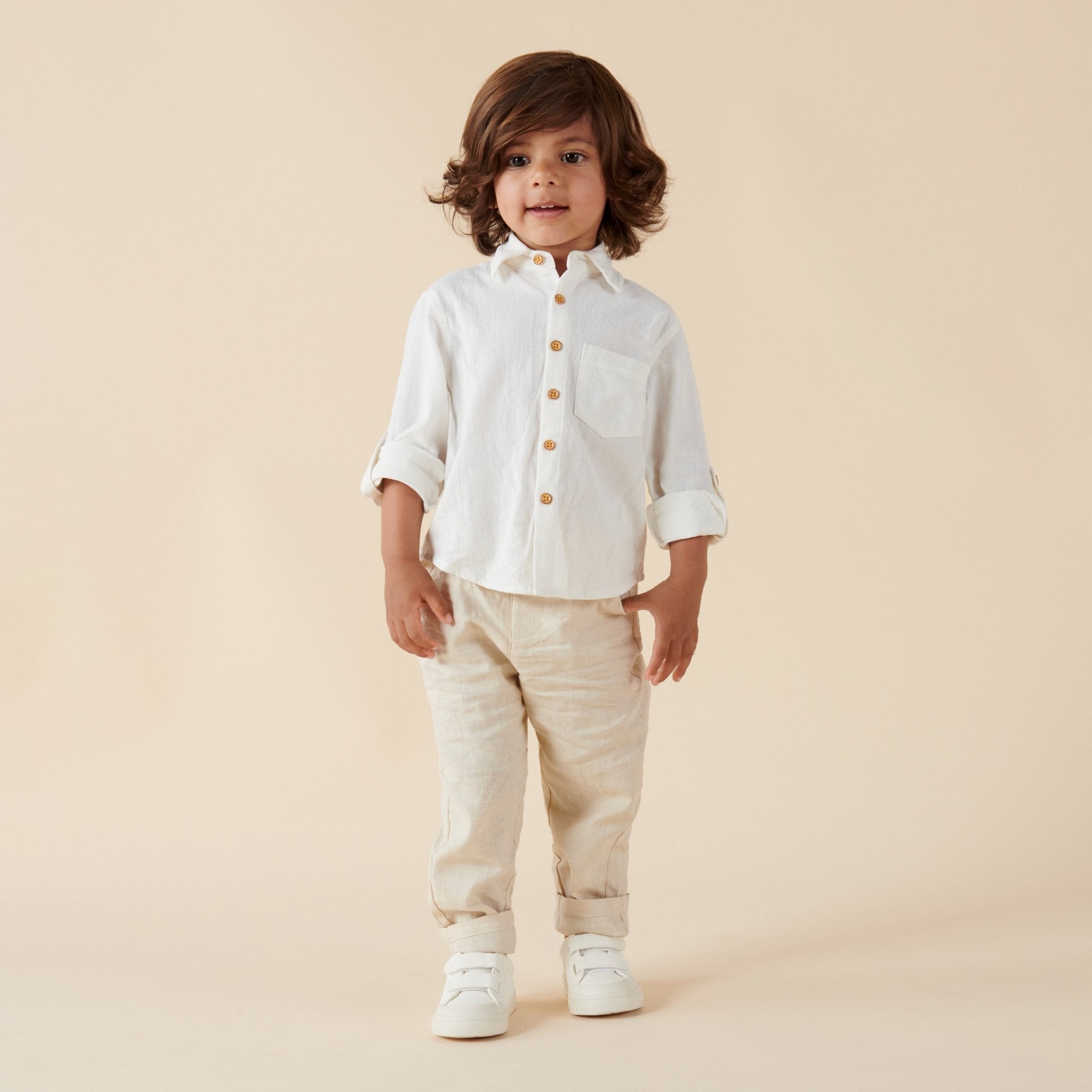 Archie L/S Button Shirt - Ivory - Designer Kidz