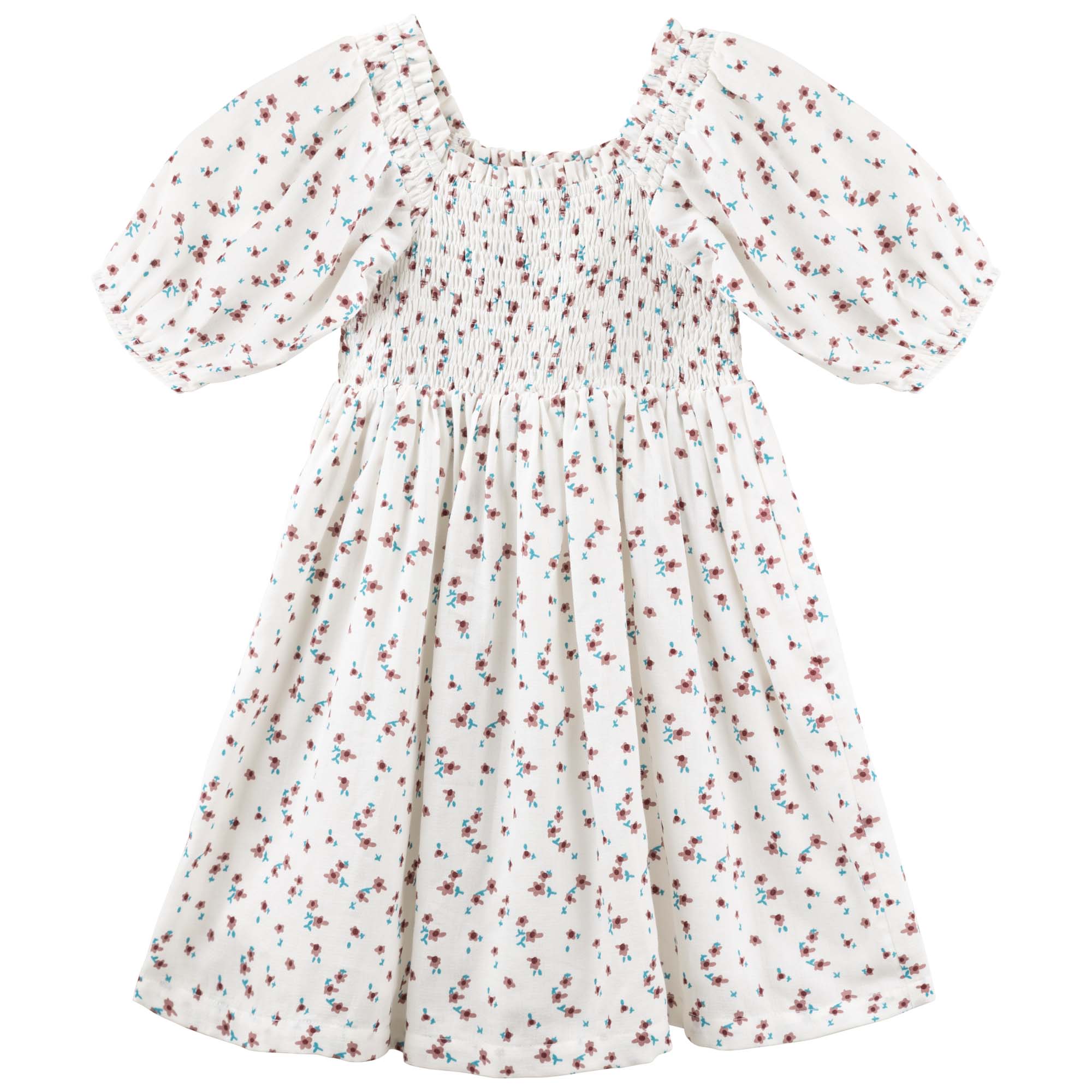 Evie S/S Puff Sleeve Dress - Ecru - Designer Kidz