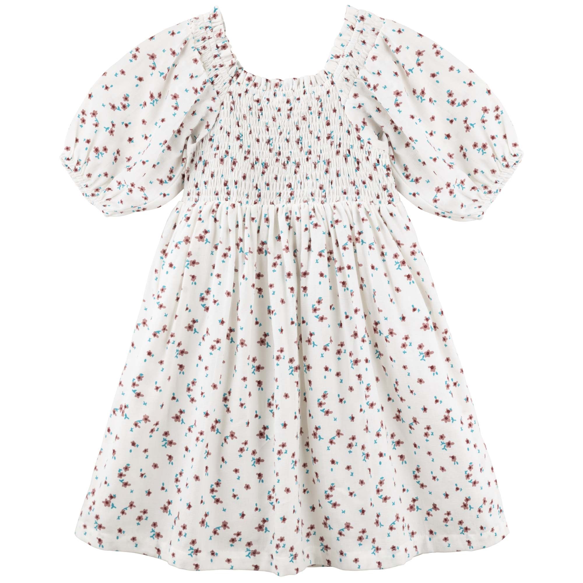 Evie S/S Puff Sleeve Dress - Ecru - Designer Kidz