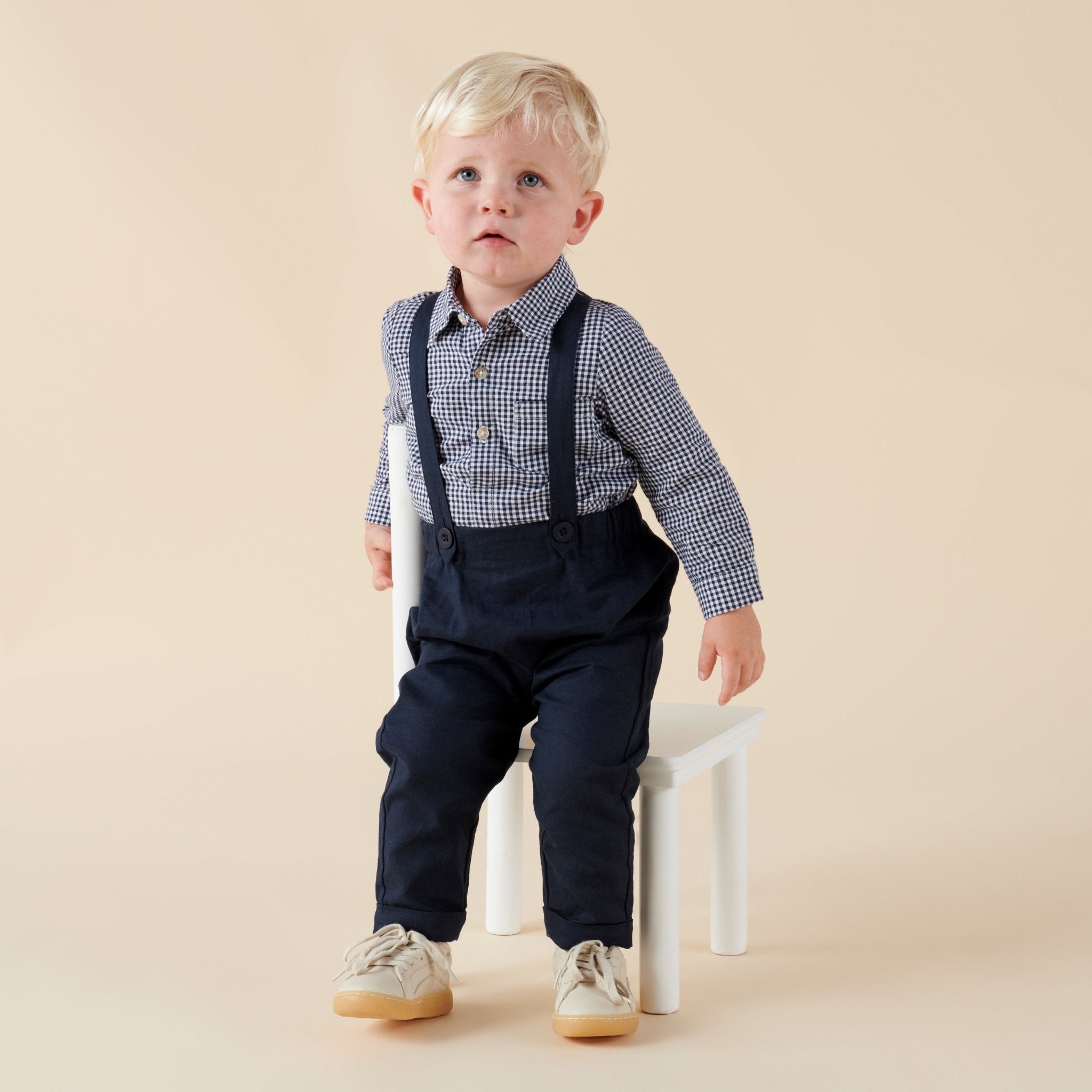 Finley Linen Suspender Pants - Navy - Designer Kidz