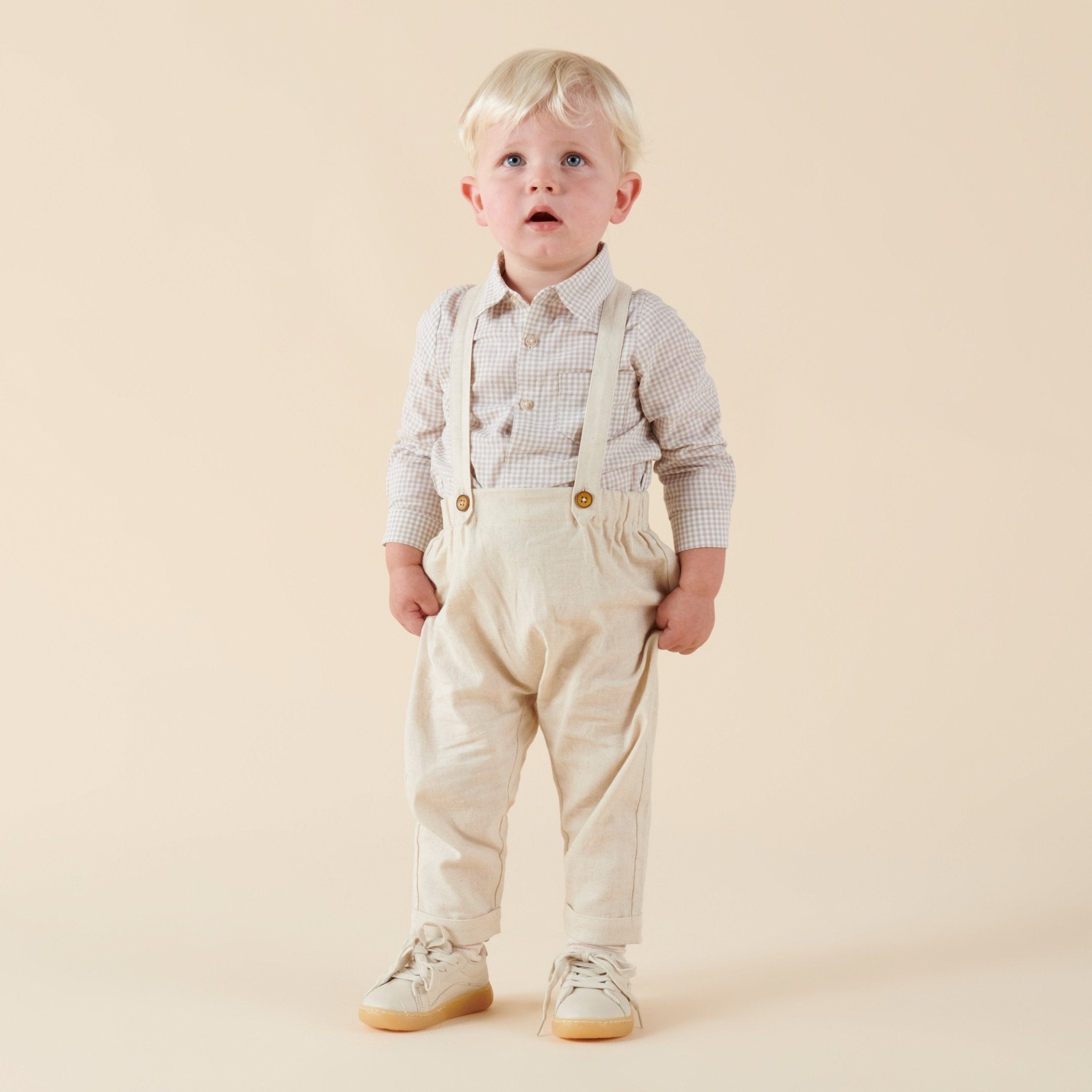 Finley Linen Suspender Pants - Sand - Designer Kidz