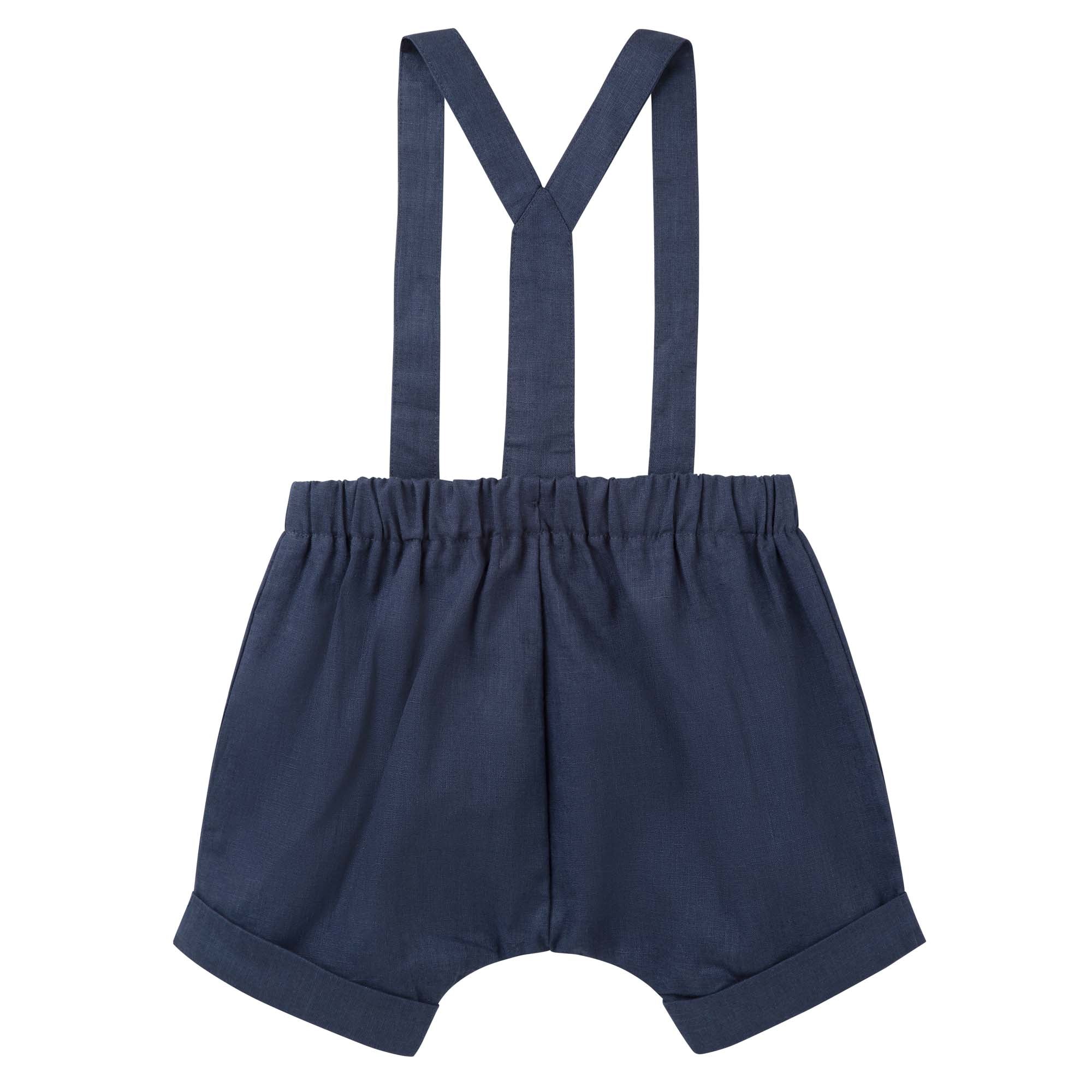 Finley Linen Suspender Shorts - Navy - Designer Kidz