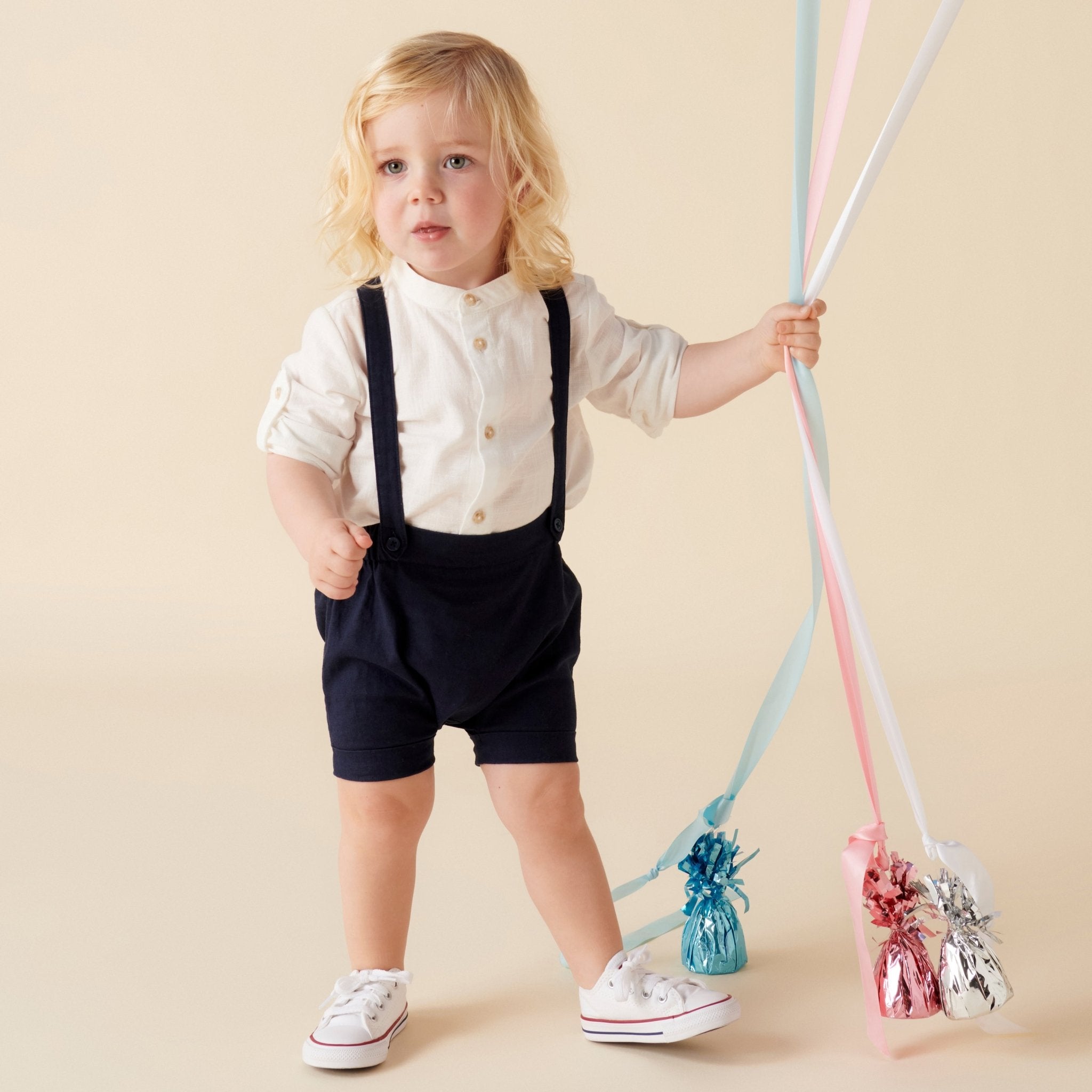 Finley Linen Suspender Shorts - Navy - Designer Kidz