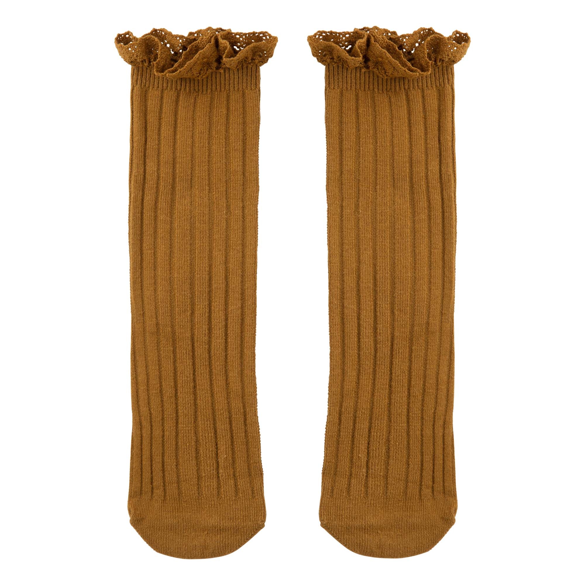 Frilly Ribbed Long Socks - Mustard - Designer Kidz