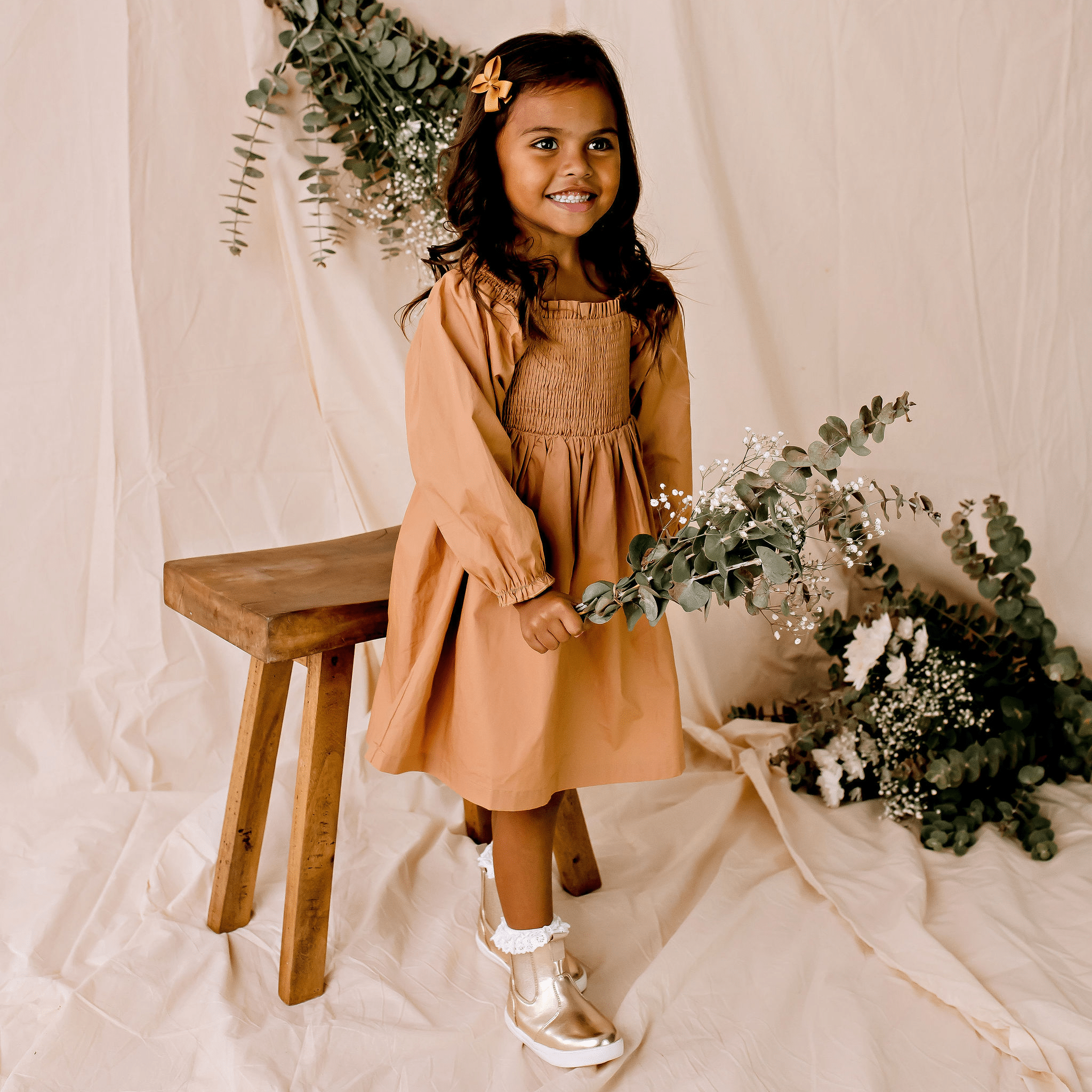 Lily L/S Puff Sleeve Dress - Caramel - Designer Kidz