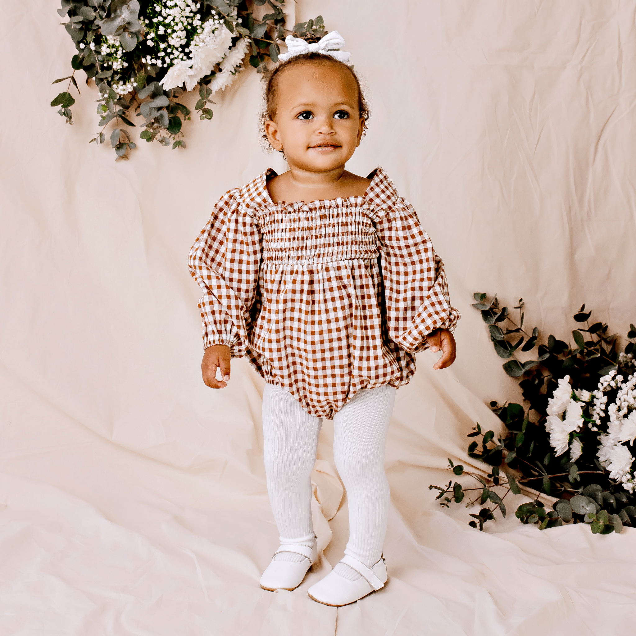 Lily L/S Puff Sleeve Romper - Cocoa Gingham - Designer Kidz