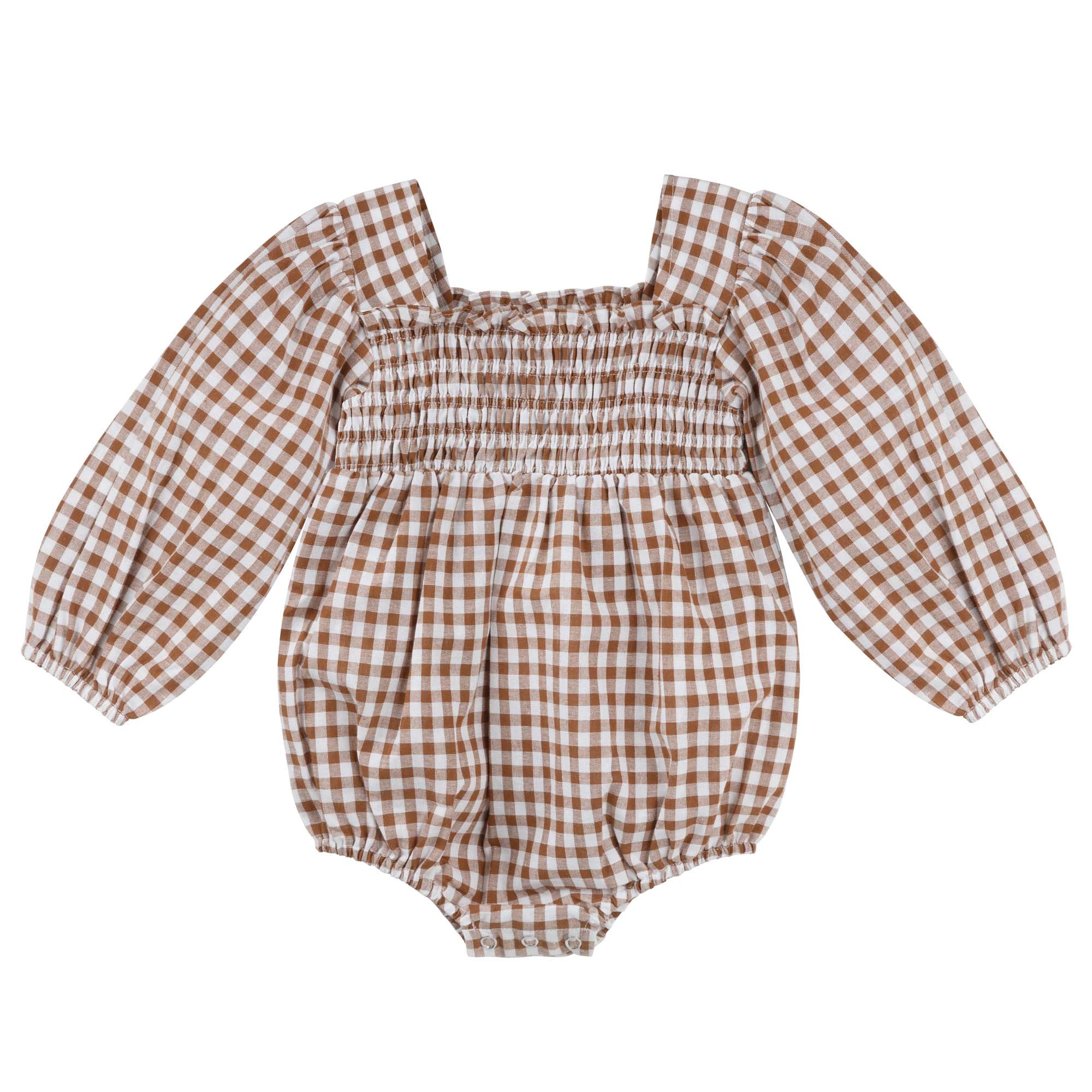 Lily L/S Puff Sleeve Romper - Cocoa Gingham - Designer Kidz