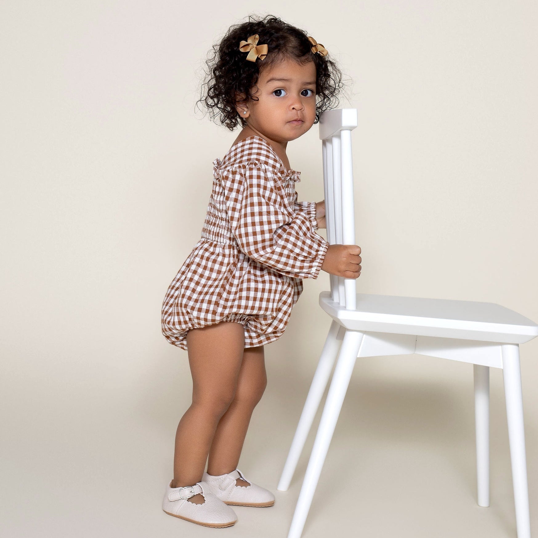 Lily L/S Puff Sleeve Romper - Cocoa Gingham - Designer Kidz