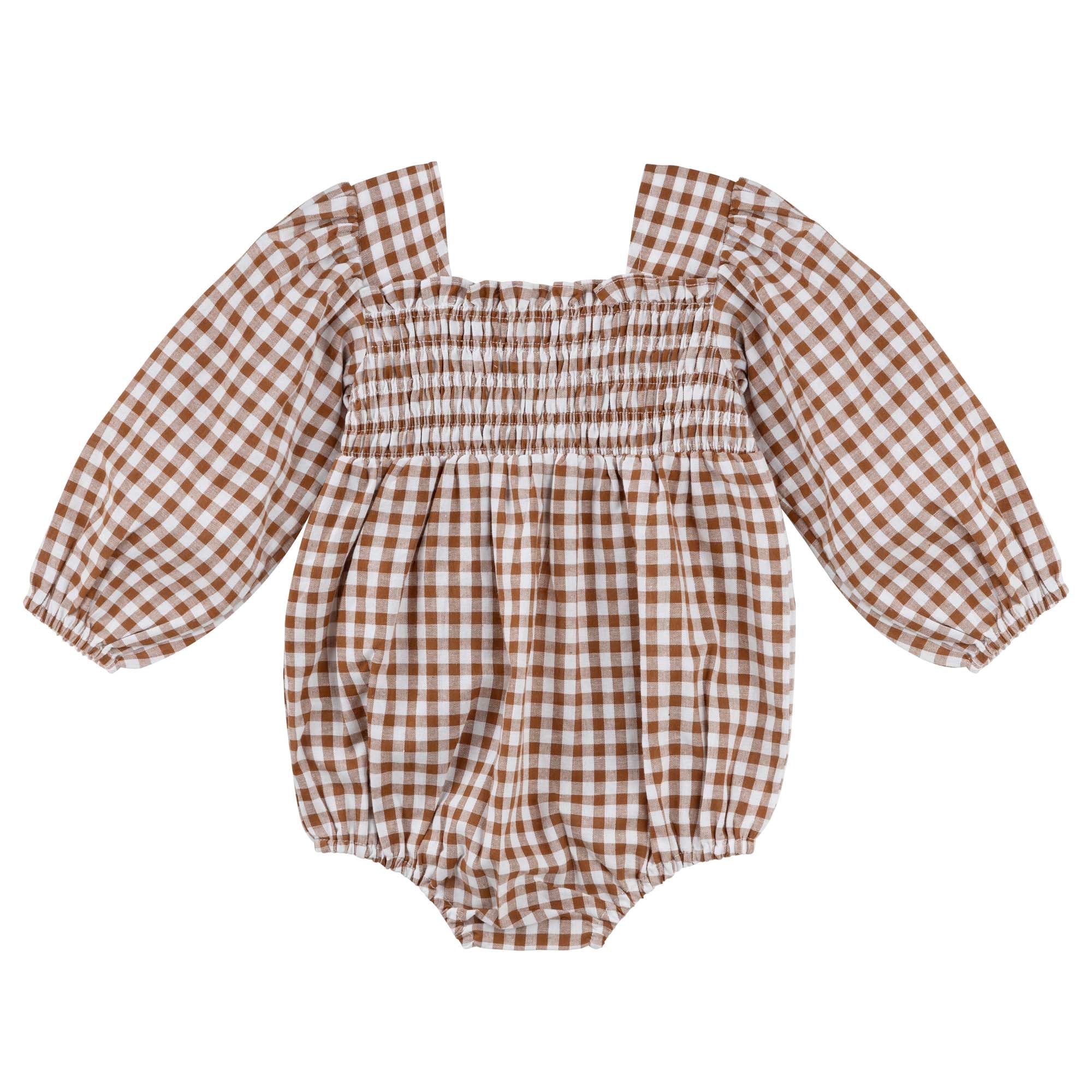 Lily L/S Puff Sleeve Romper - Cocoa Gingham - Designer Kidz