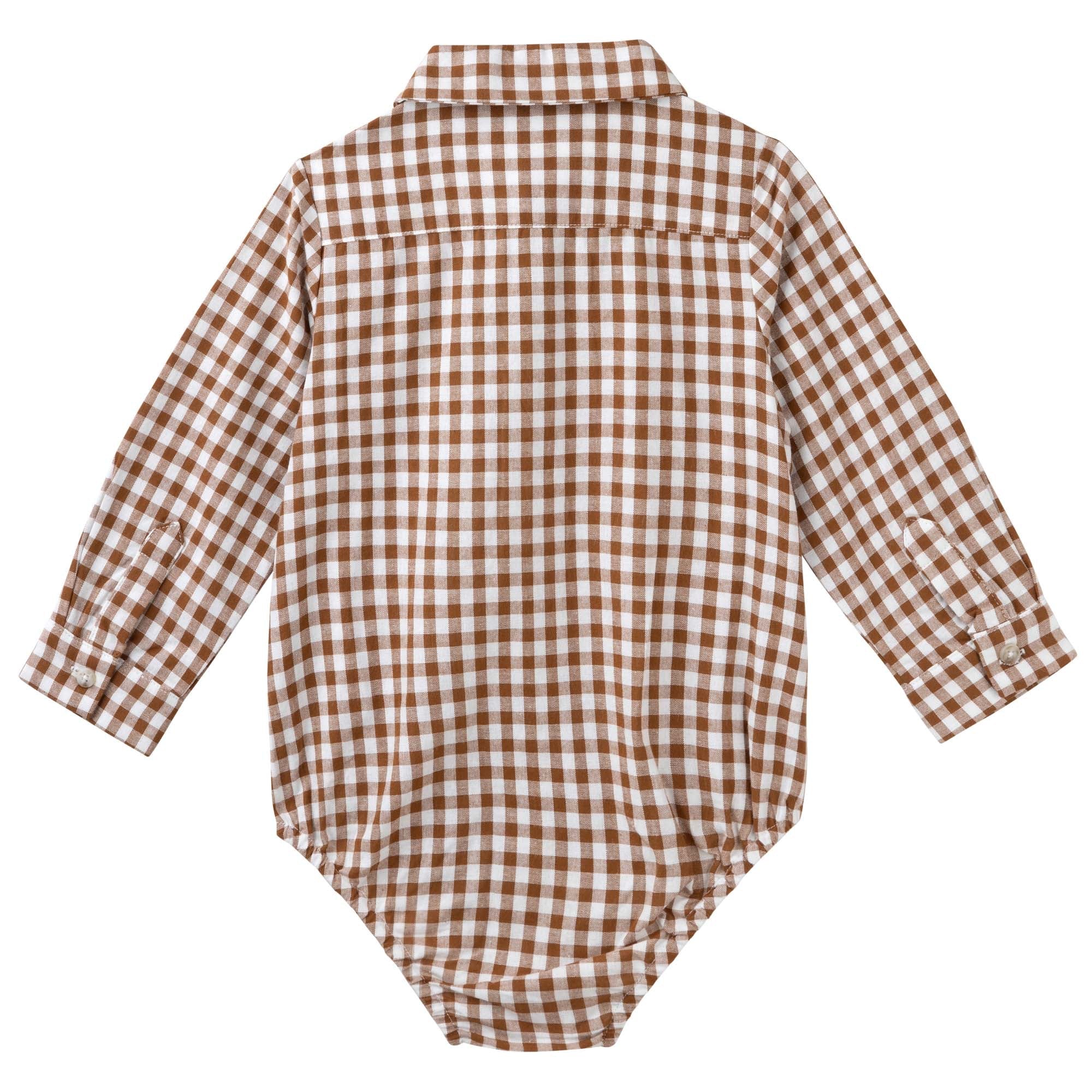 Oliver L/S Button Romper - Cocoa Gingham - Designer Kidz