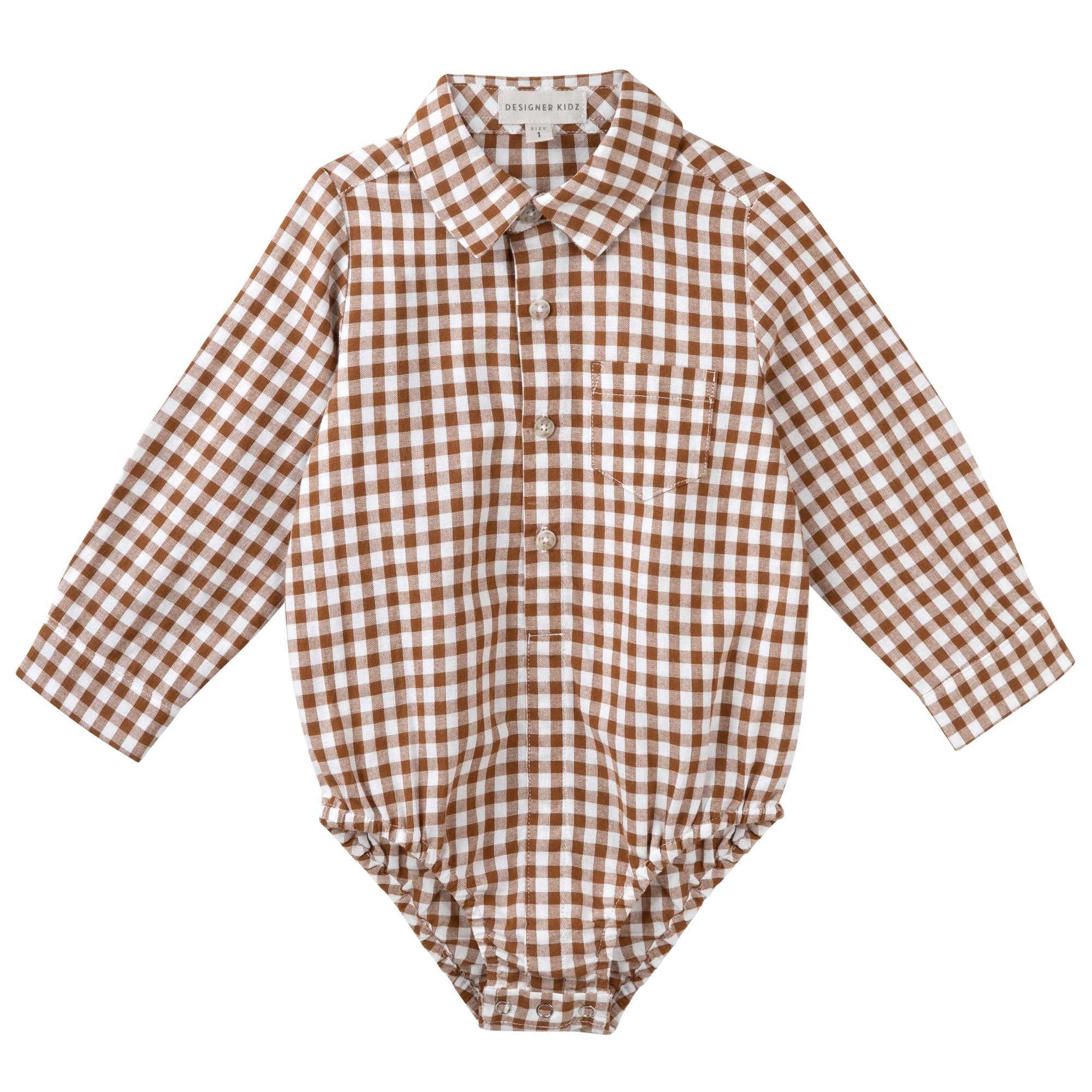 Oliver L/S Button Romper - Cocoa Gingham - Designer Kidz