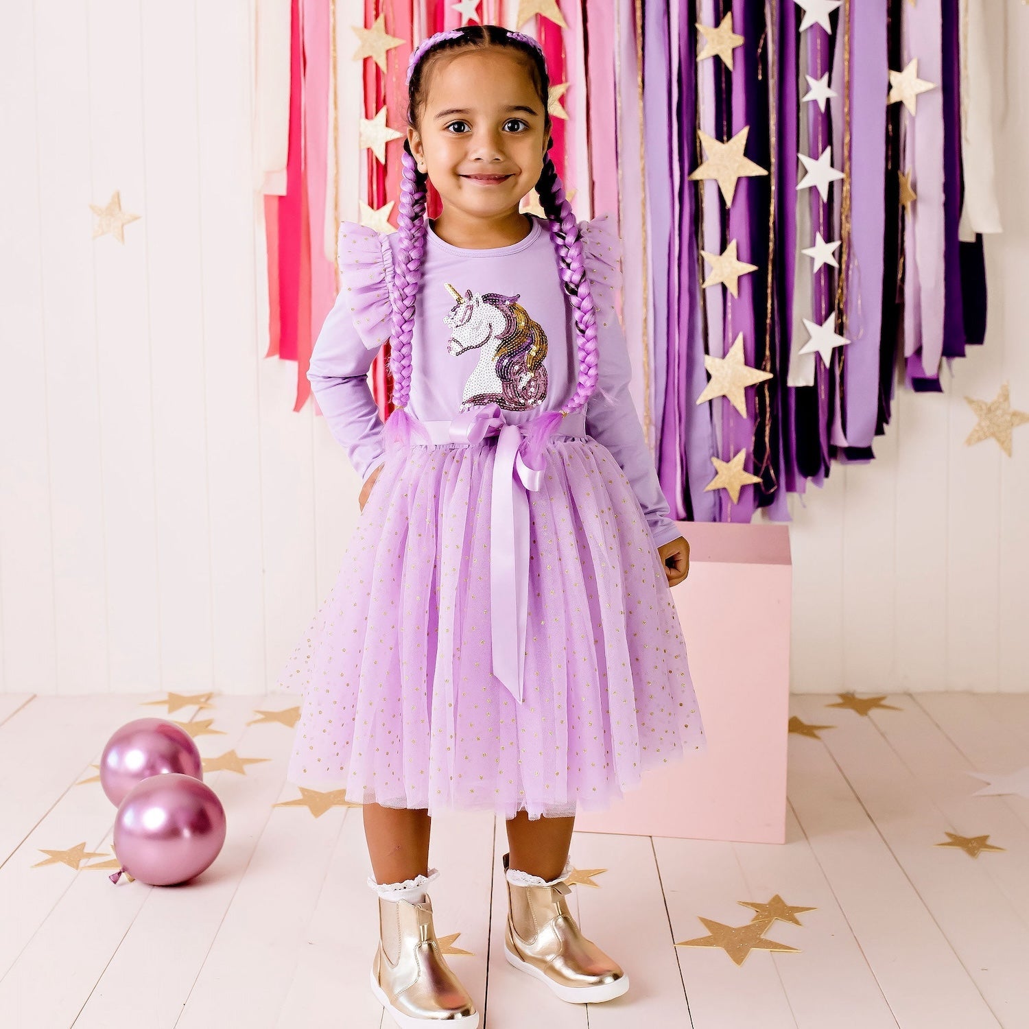 Unicorn Sequin L/S Tutu Dress - Lavender - Designer Kidz