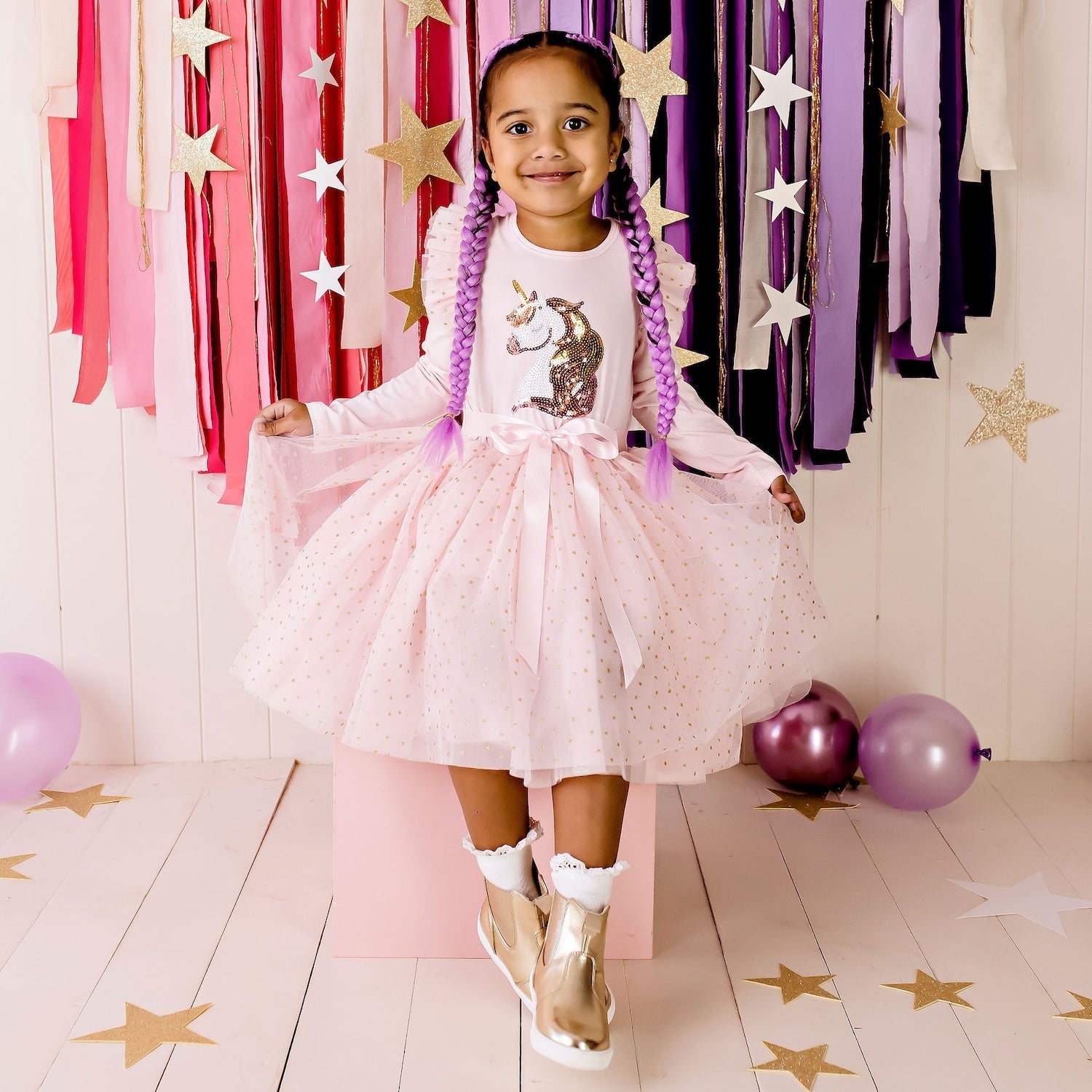 Unicorn Sequin L/S Tutu Dress - Pink - Designer Kidz