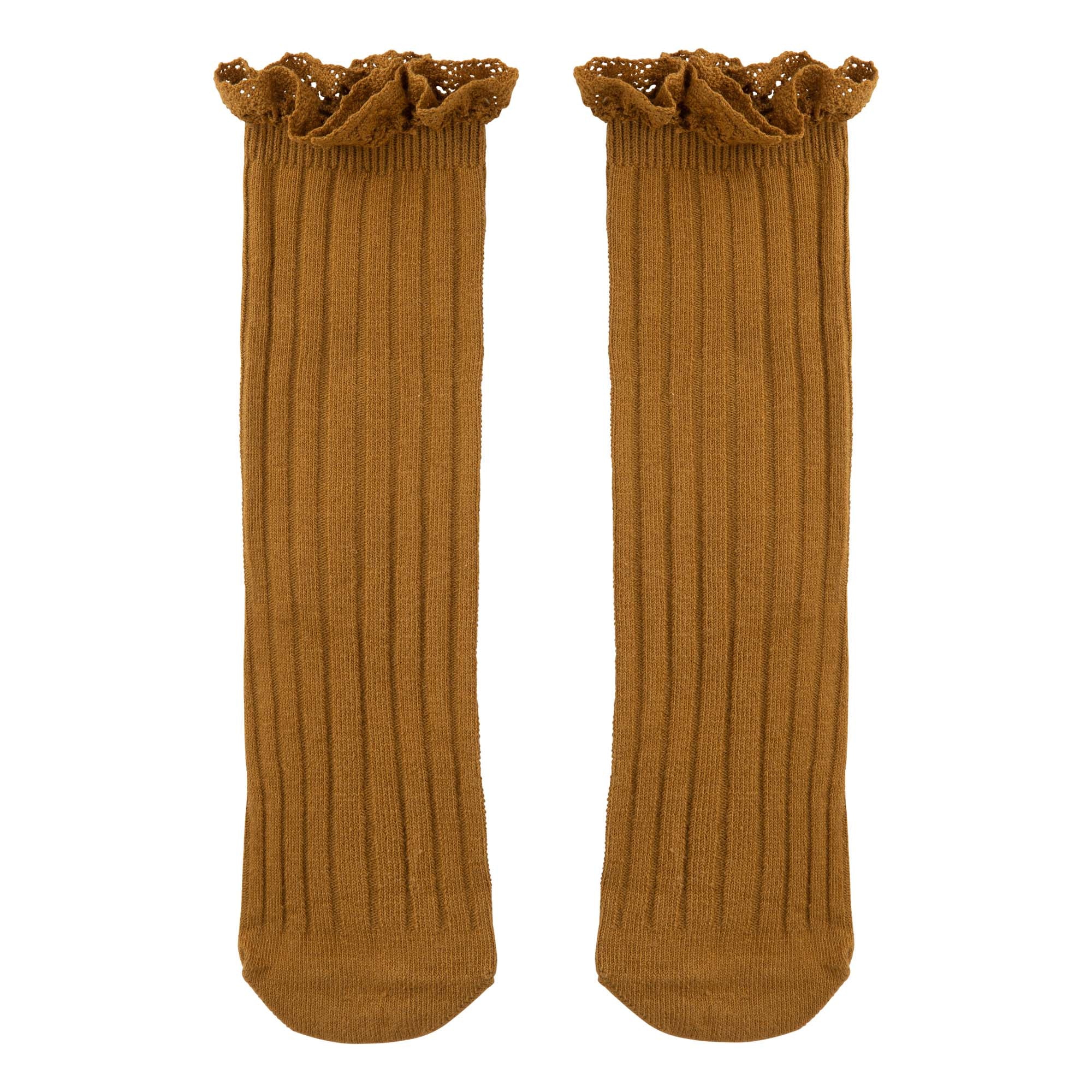 Frilly Ribbed Long Socks - Mustard